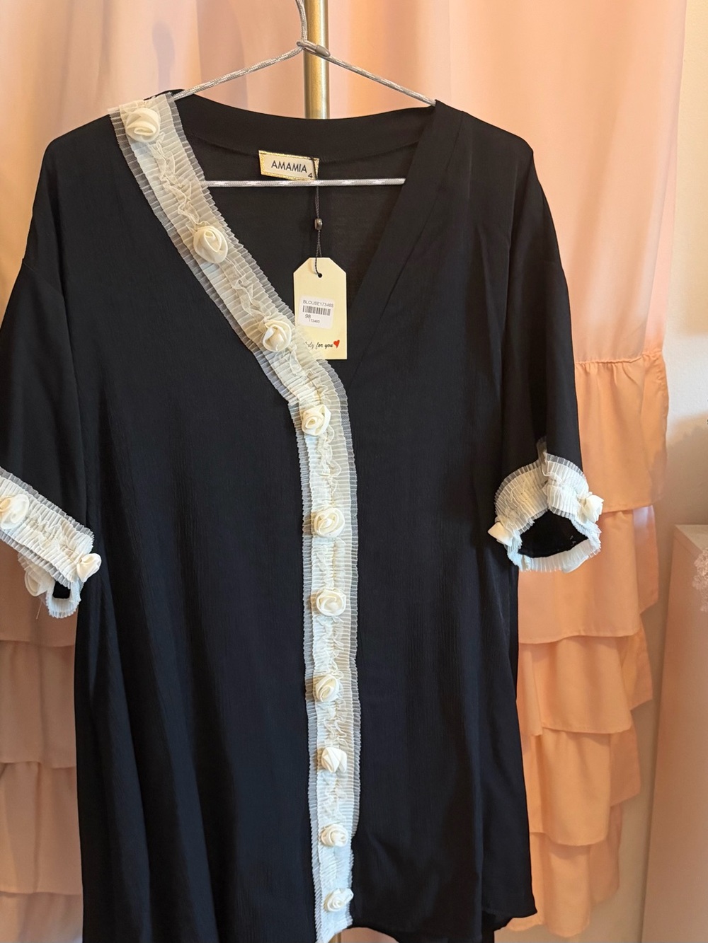 Mamia Black Midi Dress with Cream Ruffle Trim